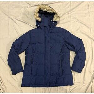 LL Bean Coat Womens Medium Blue Puffer Down Hooded Fur Trim Parka Jacket Coat